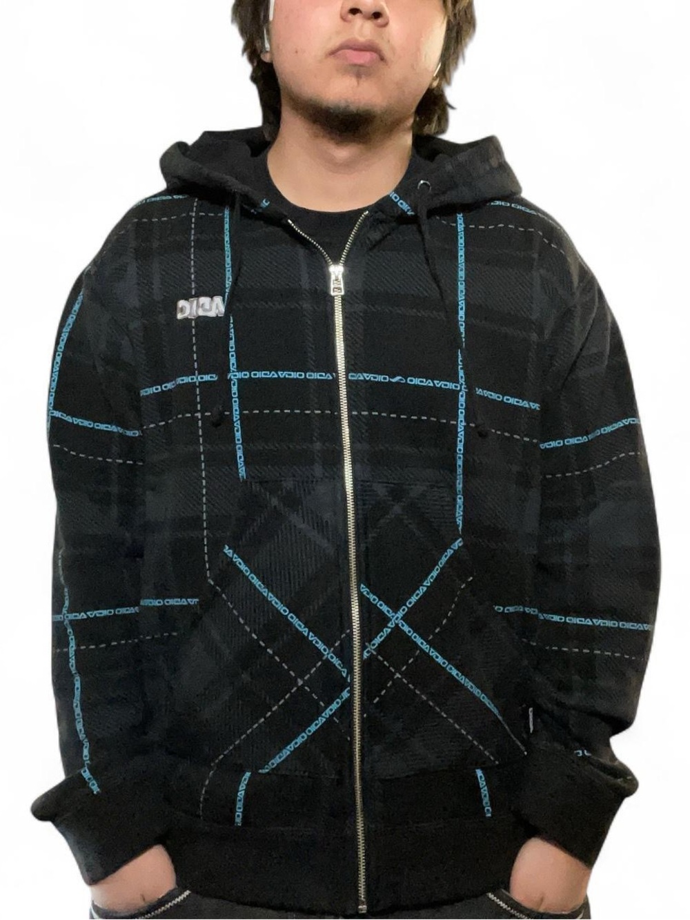 Adio Footwear Vintage Y2K Skateboarding Plaid‎ Logo Zip-Up Hoodie